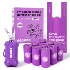 Deo Doo Bio Dog Poo Bags with Handle 9 Rolls 108 Counts Lavender Scented + 1 Dispenser
