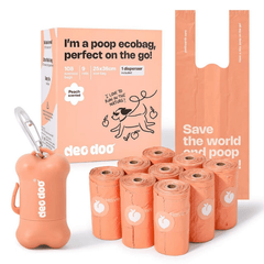 Deo Doo Bio Dog Poo Bags with Handle 9 Rolls 108 Counts Peach Scented + 1 Dispenser