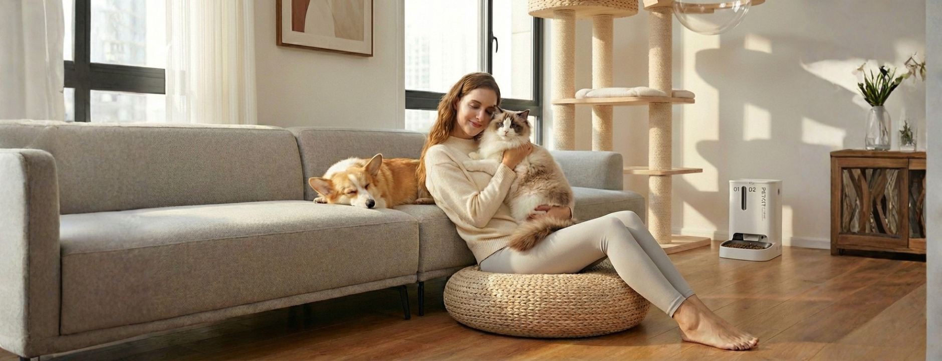 Woman sitting on a woven stool with a cat on her lap in a melbourne living room at pikapet