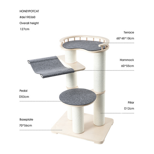 Honeypotcat Leisure Loft With Hammock & Scratch Post - Gray Felt - 127cm - Shipping Only