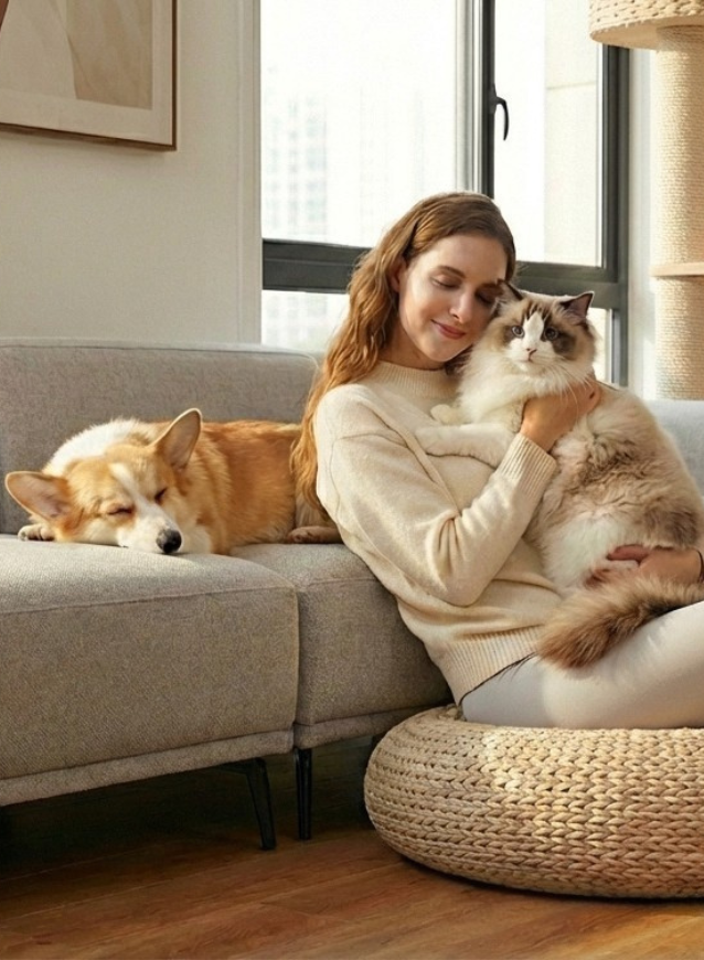 Pikapet banner, women with dog and cat in mebounre apartment