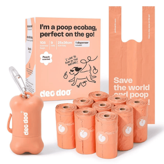 Deo Doo Bio Dog Poo Bags with Handle 9 Rolls 108 Counts Peach Scented + 1 Dispenser