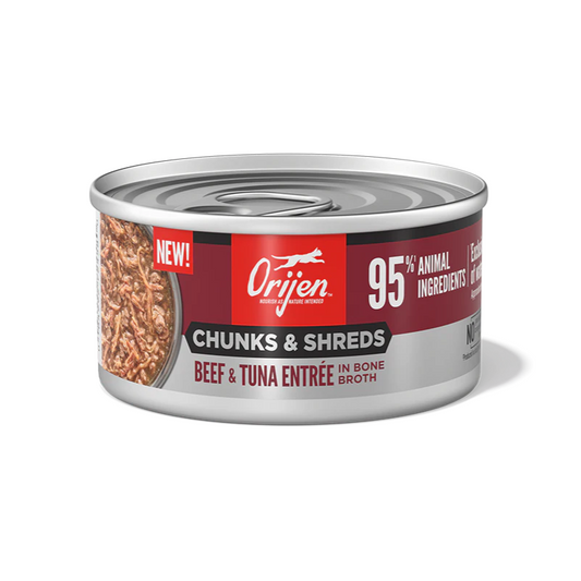 Orijen Chunks & Shreds Beef & Tuna ENTRÉE in Bone Broth Cat Wet Food Can 85g