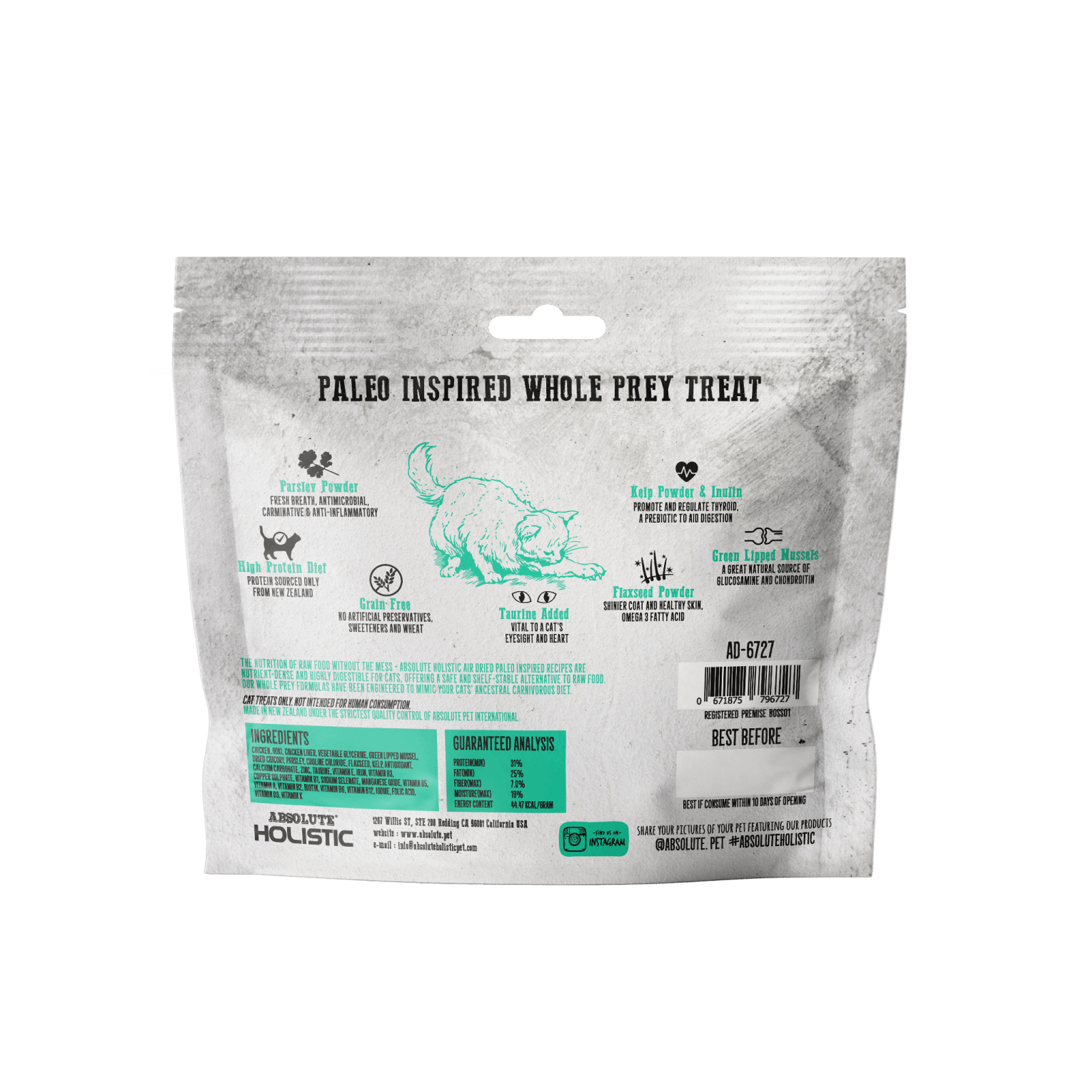 Absolute Holistic Air Dried Cat Treats Grand Prairie Chicken and Hoki 50g