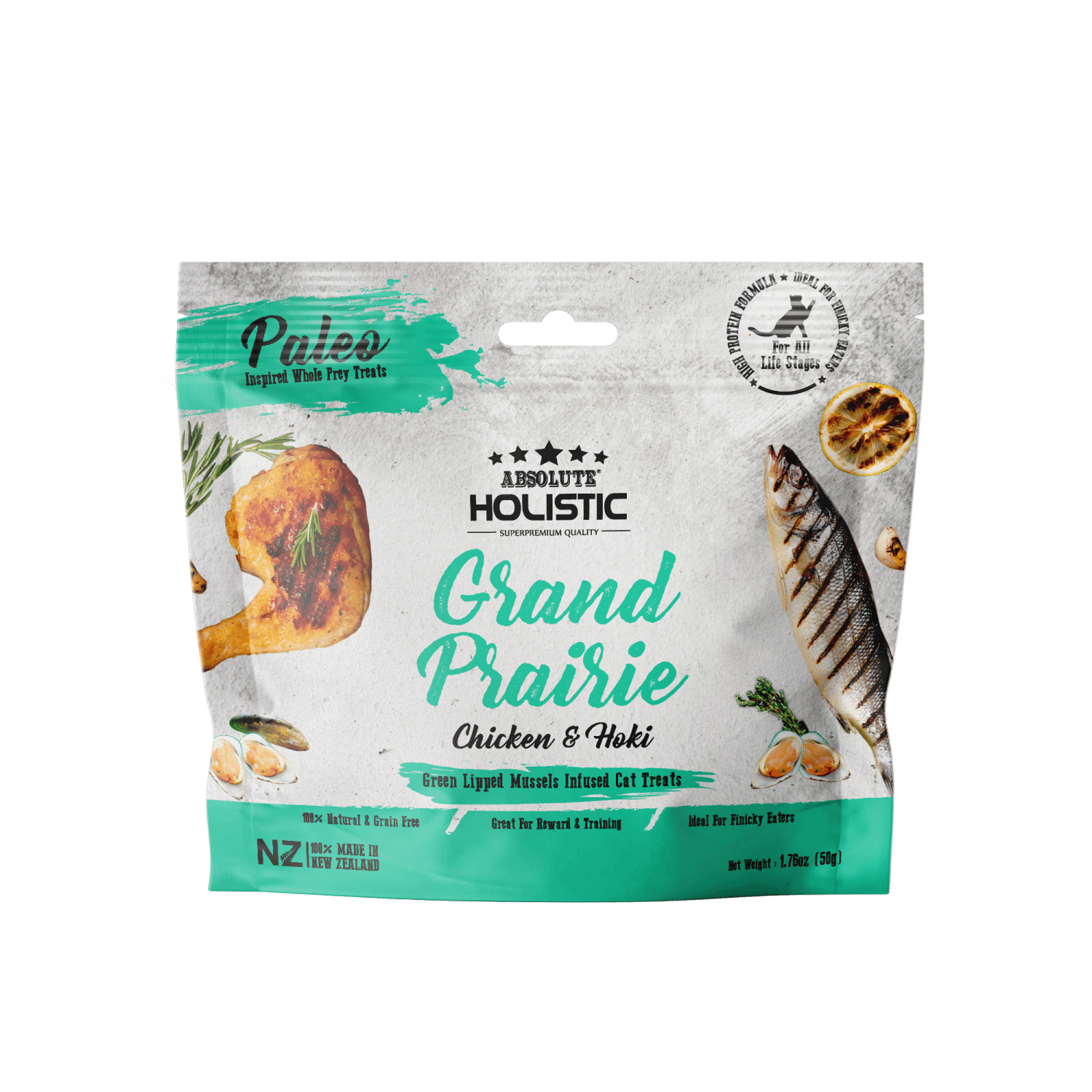 Absolute Holistic Air Dried Cat Treats Grand Prairie Chicken and Hoki 50g